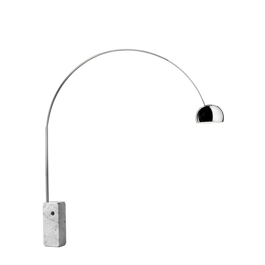 Flos Arco floor lamp arcing over a leather sofa