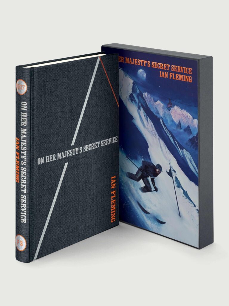 Cloth binding and slipcase corner of the Folio Society On Her Majesty's Secret Service