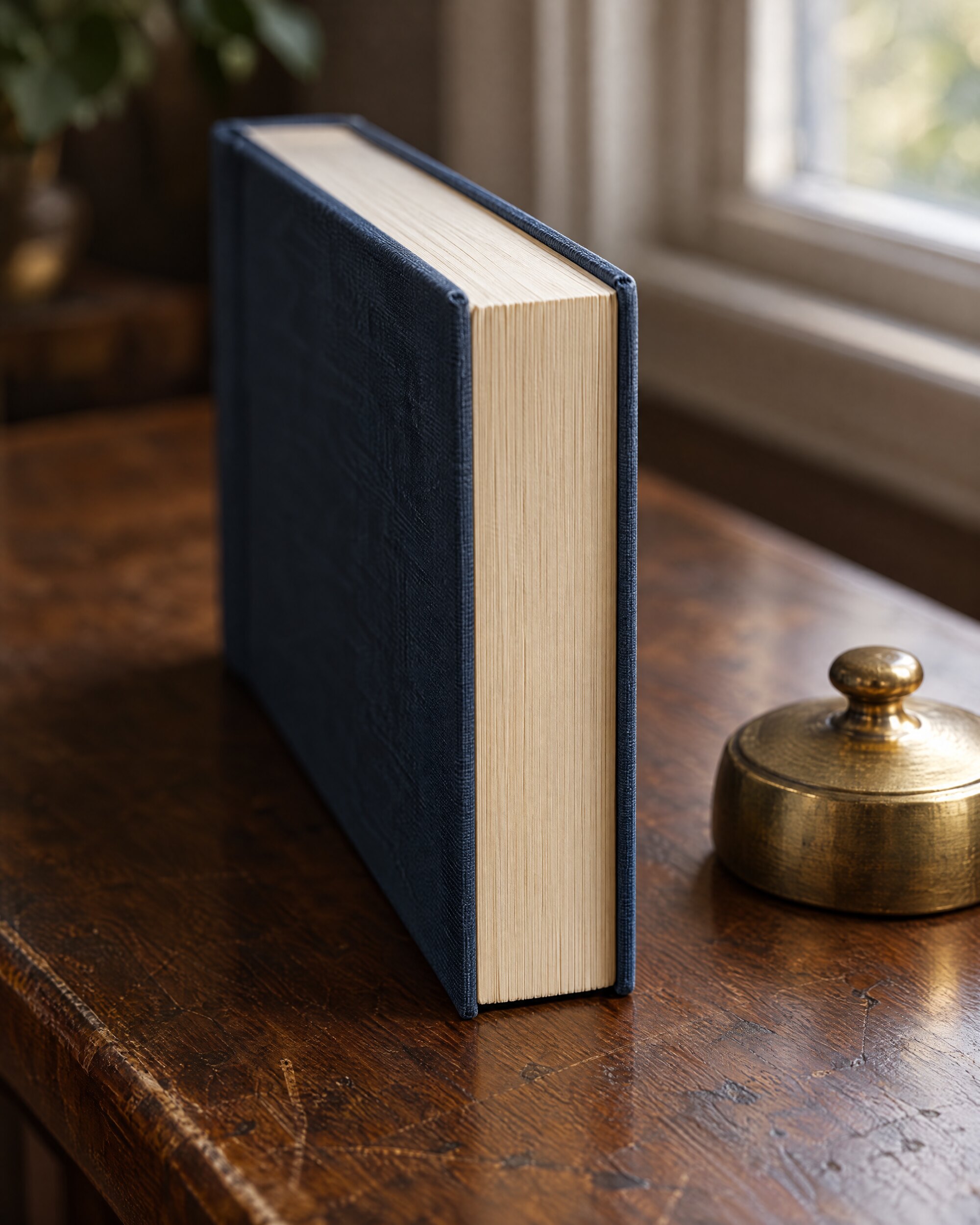 Closed hardback novel on a walnut desk beside a brass paperweight, for Forever and a Day