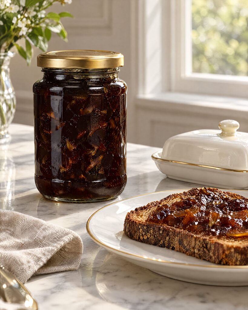 Jar of dark Oxford marmalade beside toast and butter