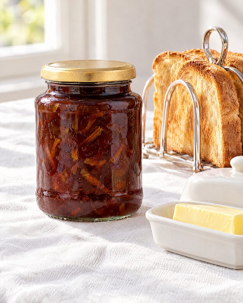Glass jar of dark marmalade beside a toast rack on white linen