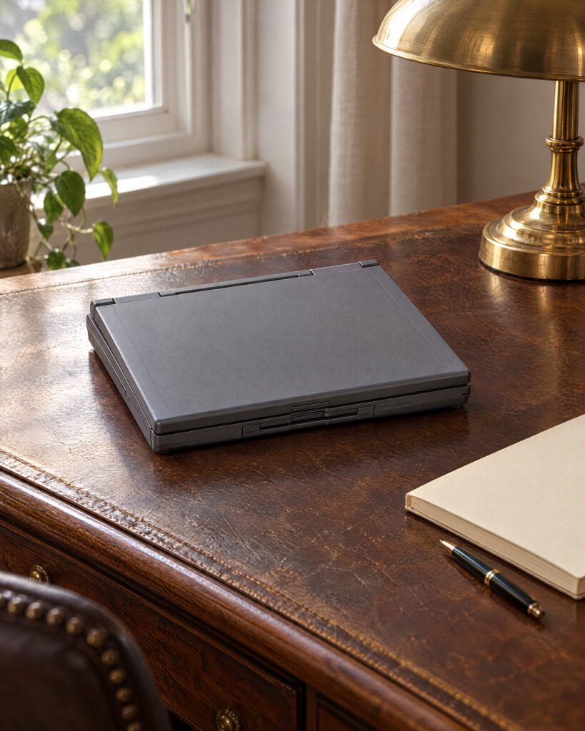 Grey 1990s Gateway 2000 Solo style laptop closed on a leather-topped desk
