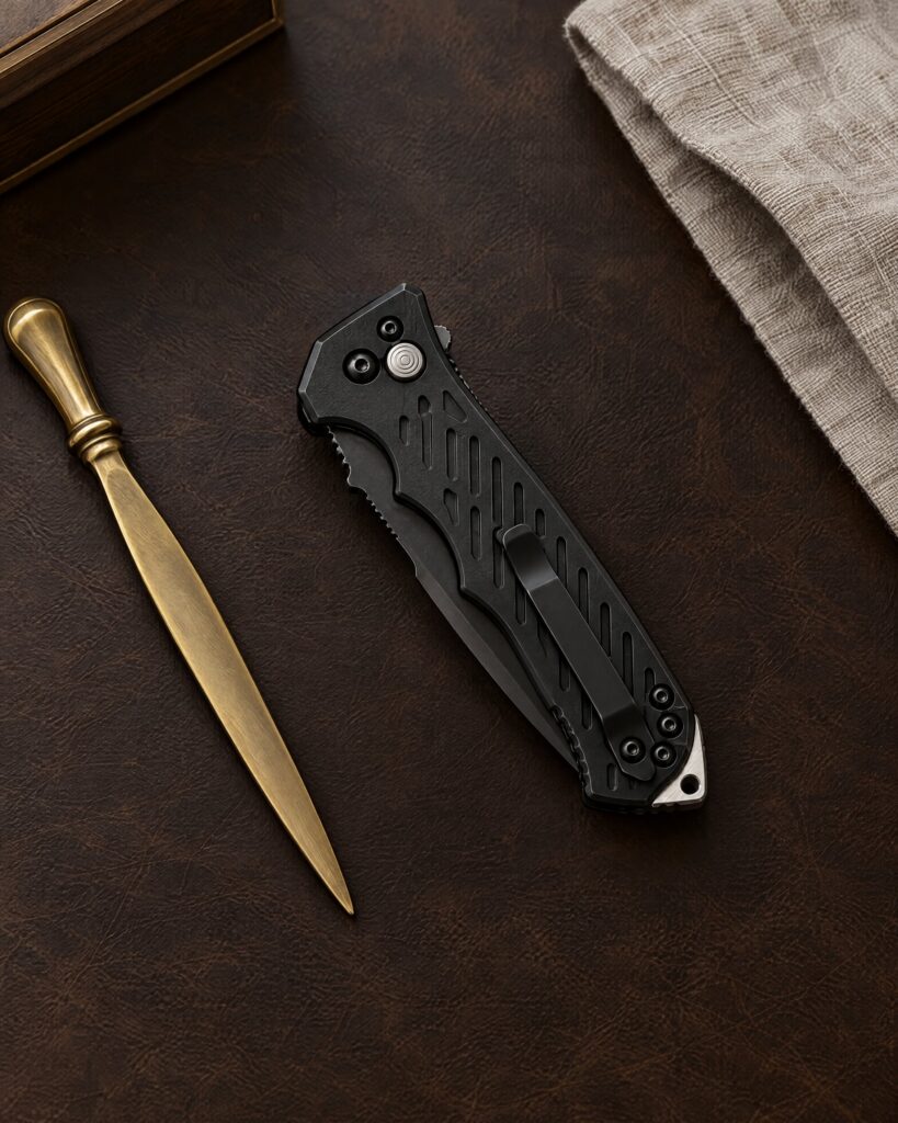 Gerber 06 Automatic knife closed on a dark leather desk top
