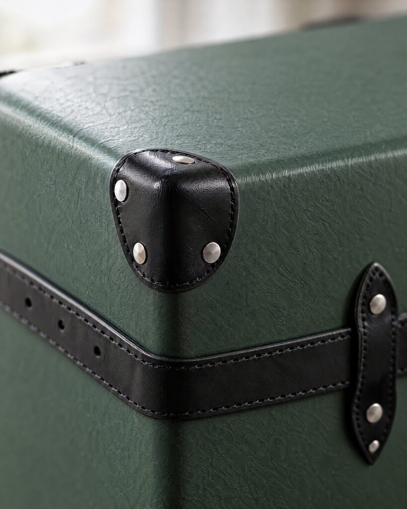 Close detail of black leather corner and green vulcanised fibreboard on a Globe-Trotter check-in case