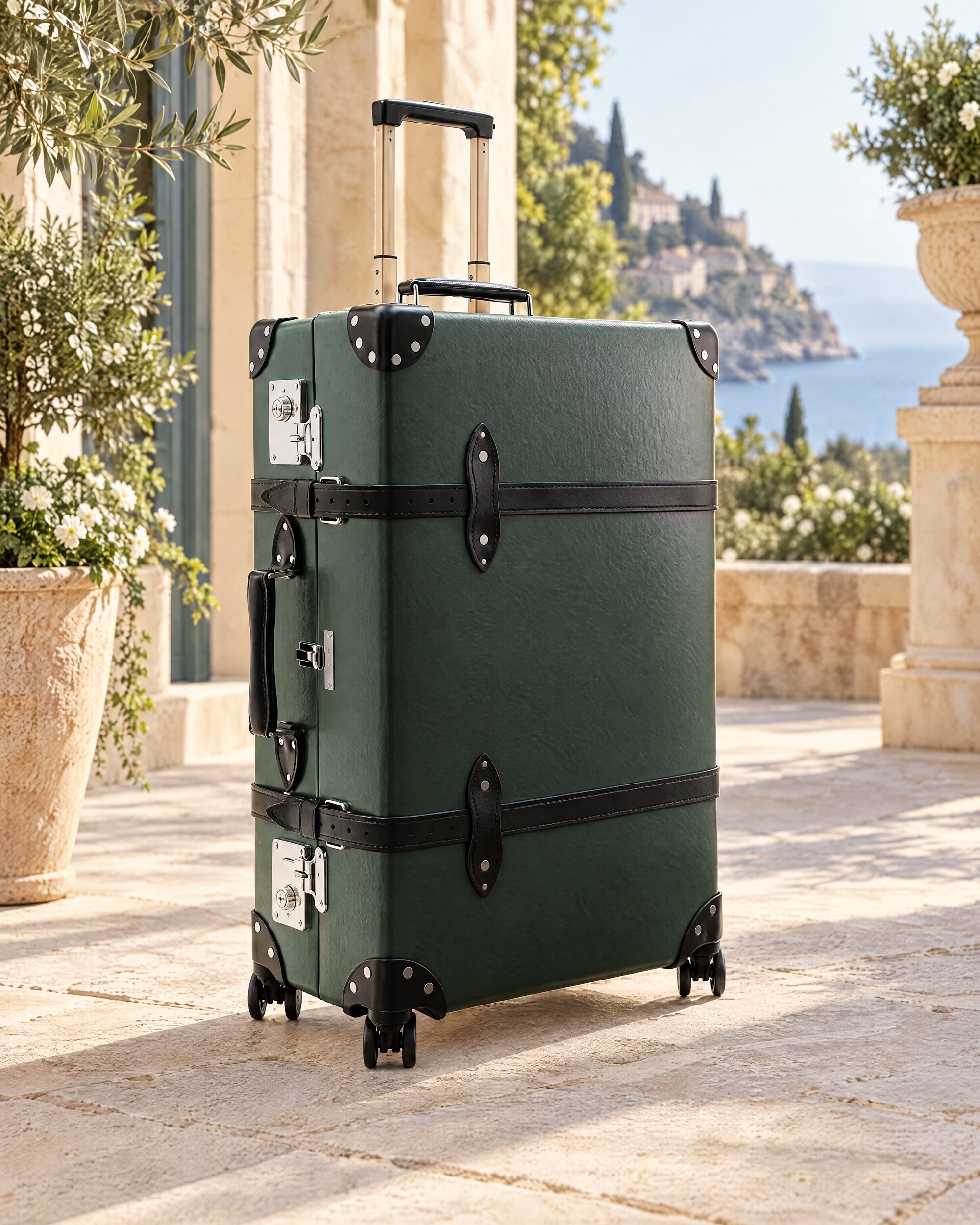 Globe-Trotter No Time To Die suitcase in Ocean Green with black leather trim in a stone hotel courtyard