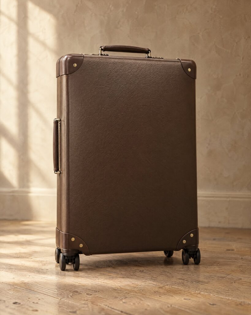 Globe-Trotter Original Brown suitcase in brown vulcanised fibreboard with leather corners, standing on an oak floor