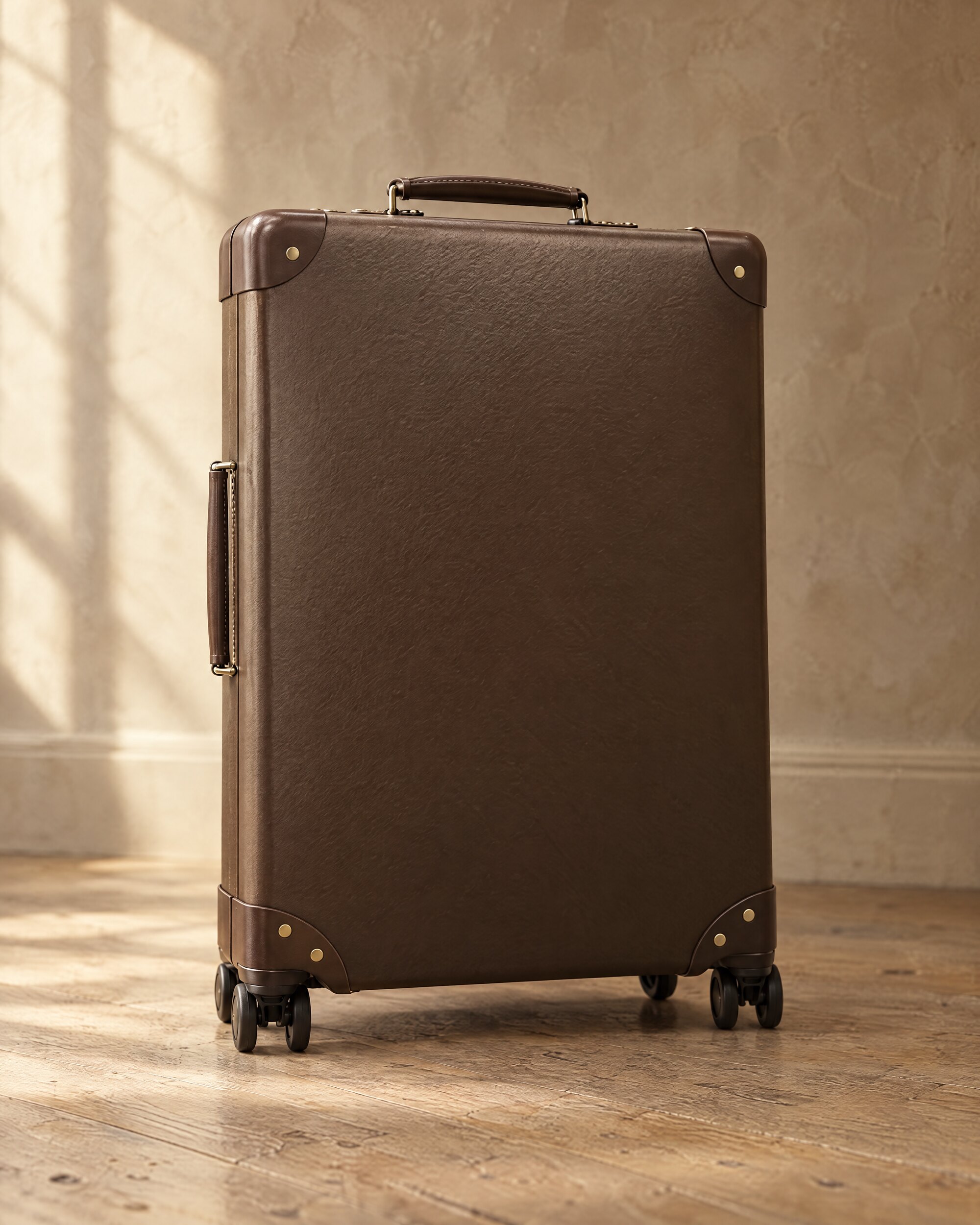 Globe-Trotter Original Brown suitcase in brown vulcanised fibreboard with leather corners, standing on an oak floor