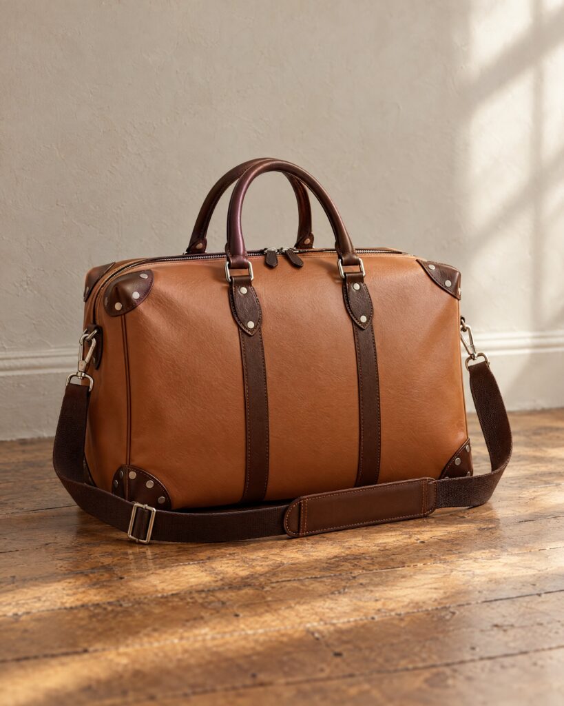 Tan Globe-Trotter Riviera Centenary holdall with shoulder strap on an oak floor in soft natural light