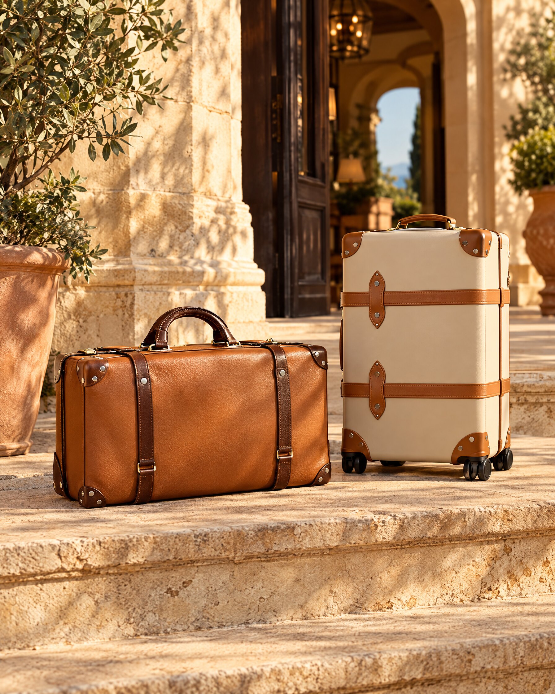 Tan holdall resting on limestone hotel steps beside a plain cream suitcase in afternoon light