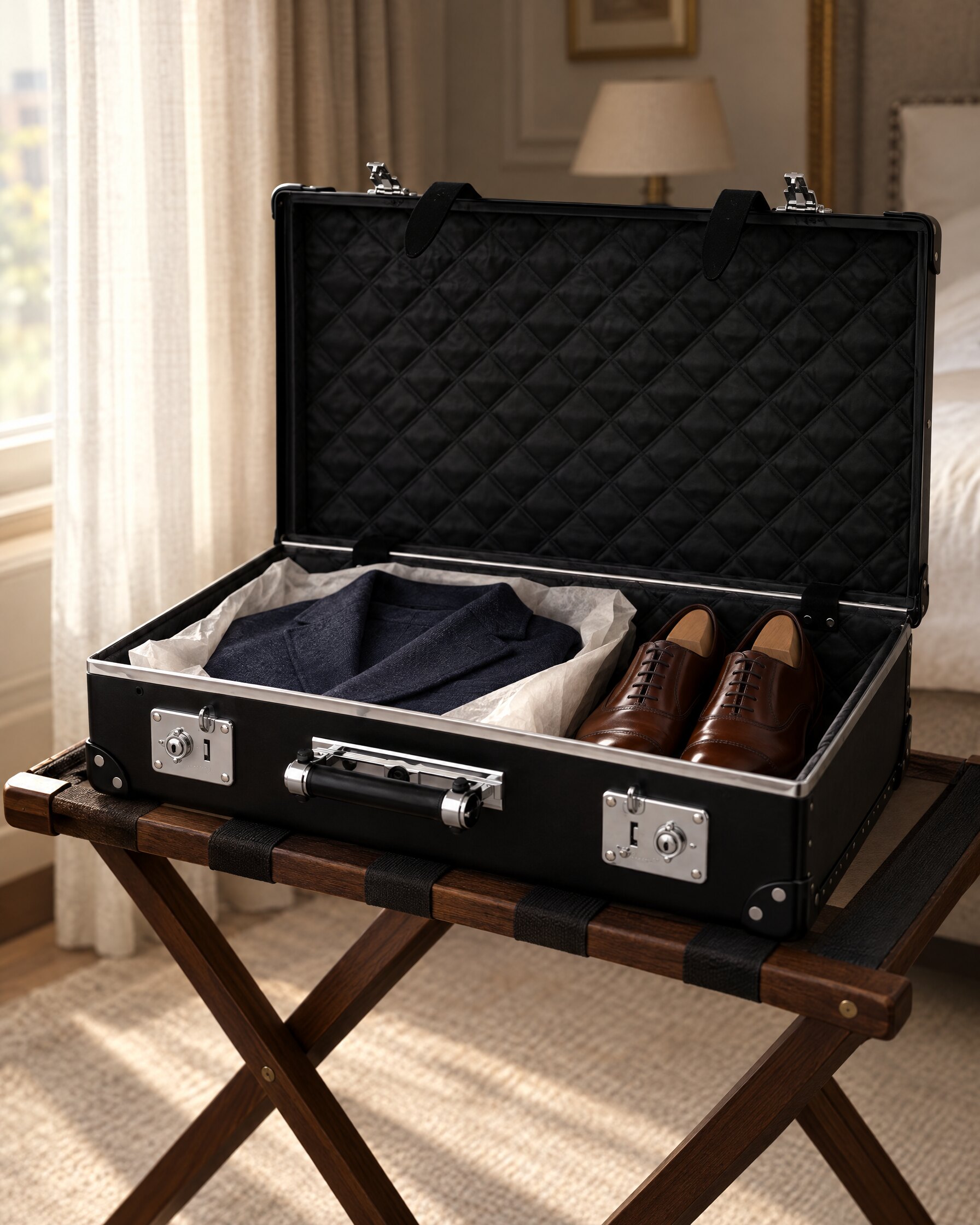 Open slim aluminium travel case with quilted lining holding a folded jacket and shoes on a hotel luggage rack