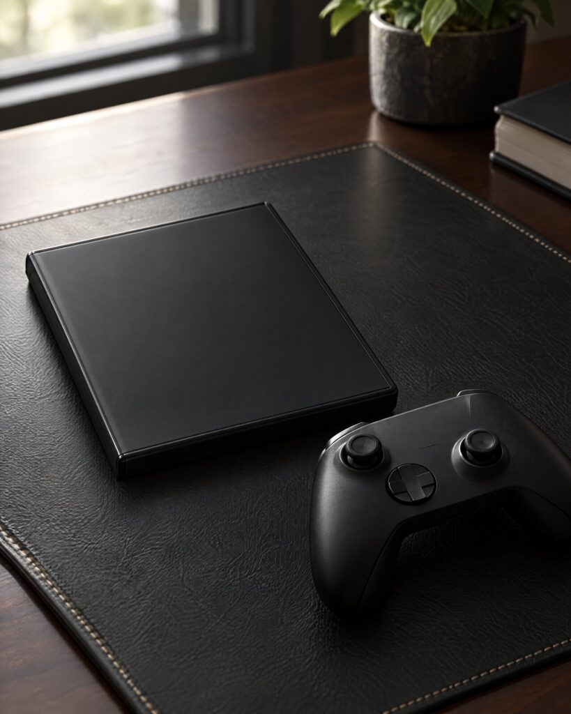 Plain game case and black controller on a leather desk mat, set up for the GoldenEye 007 Reloaded console game