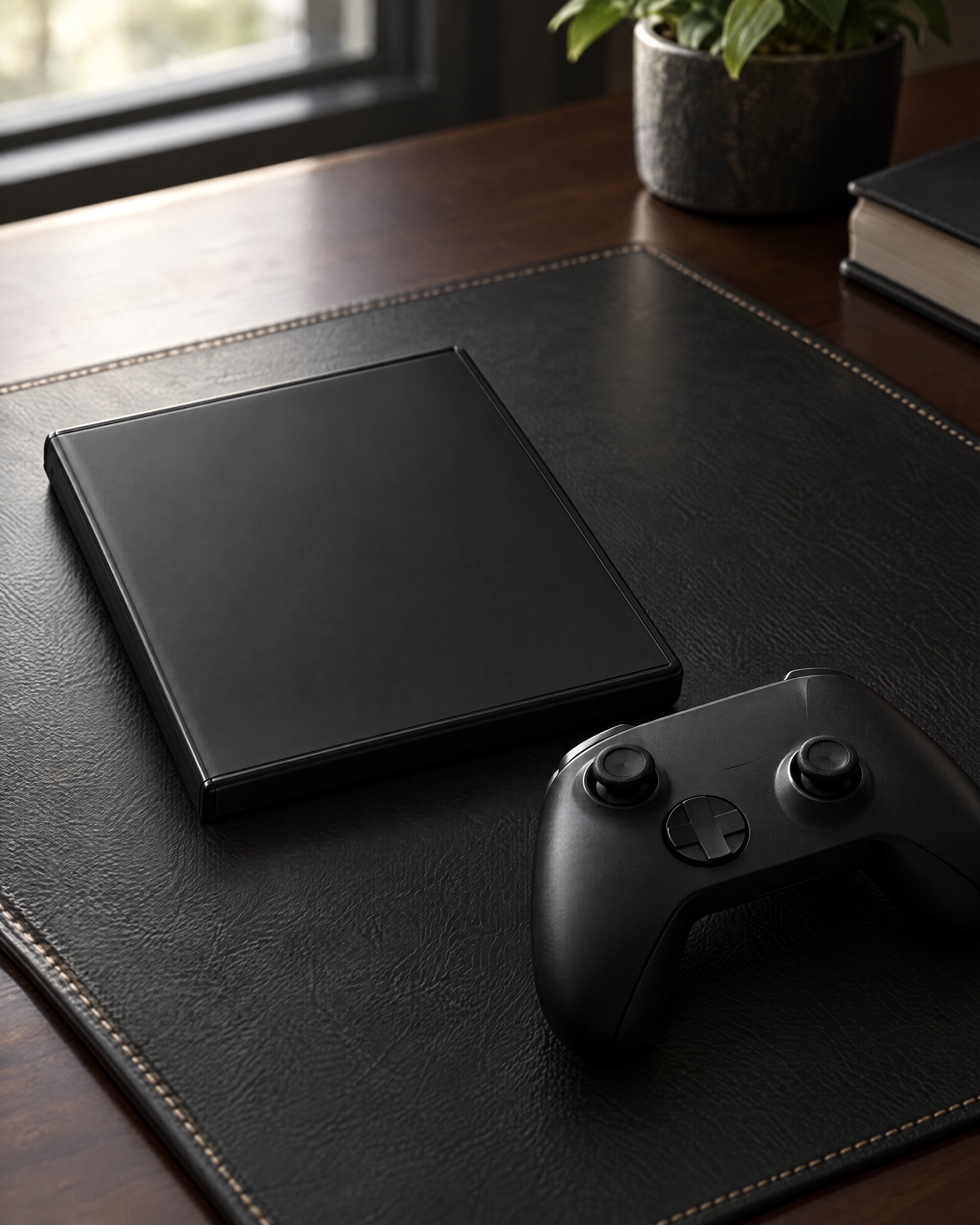 Plain game case and black controller on a leather desk mat, set up for the GoldenEye 007 Reloaded console game
