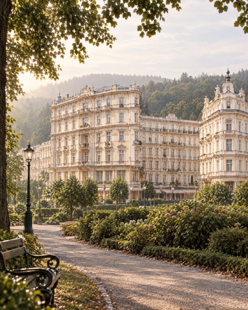 Grandhotel Pupp Casino Royale location: the hotel facade in Karlovy Vary in soft morning light