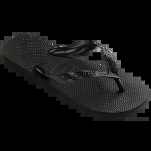 Black rubber flip-flops laid out with a grey towel and navy swim shorts