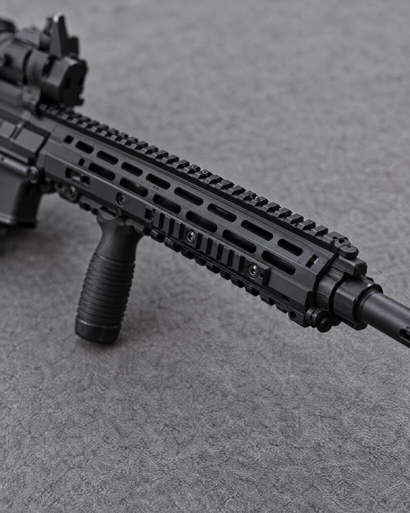 Detail of the slim handguard and rail on a black Heckler & Koch HK416 style rifle