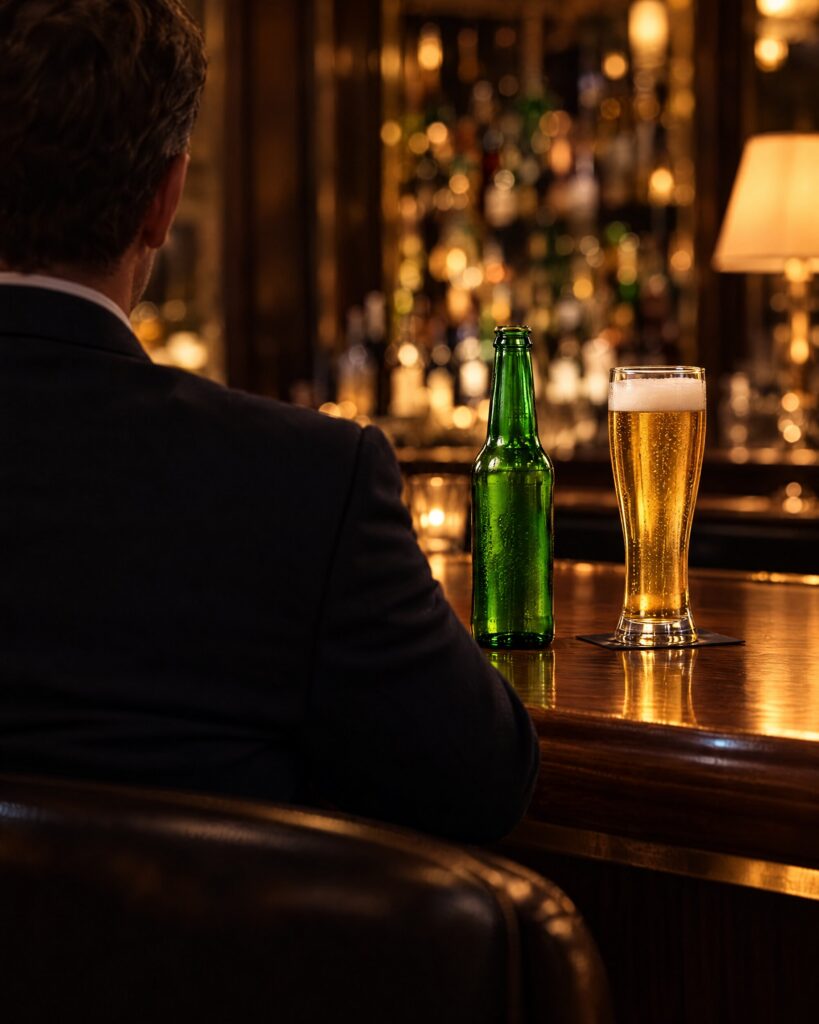 Man in a dinner jacket at a quiet bar with a chilled bottle of beer and a glass