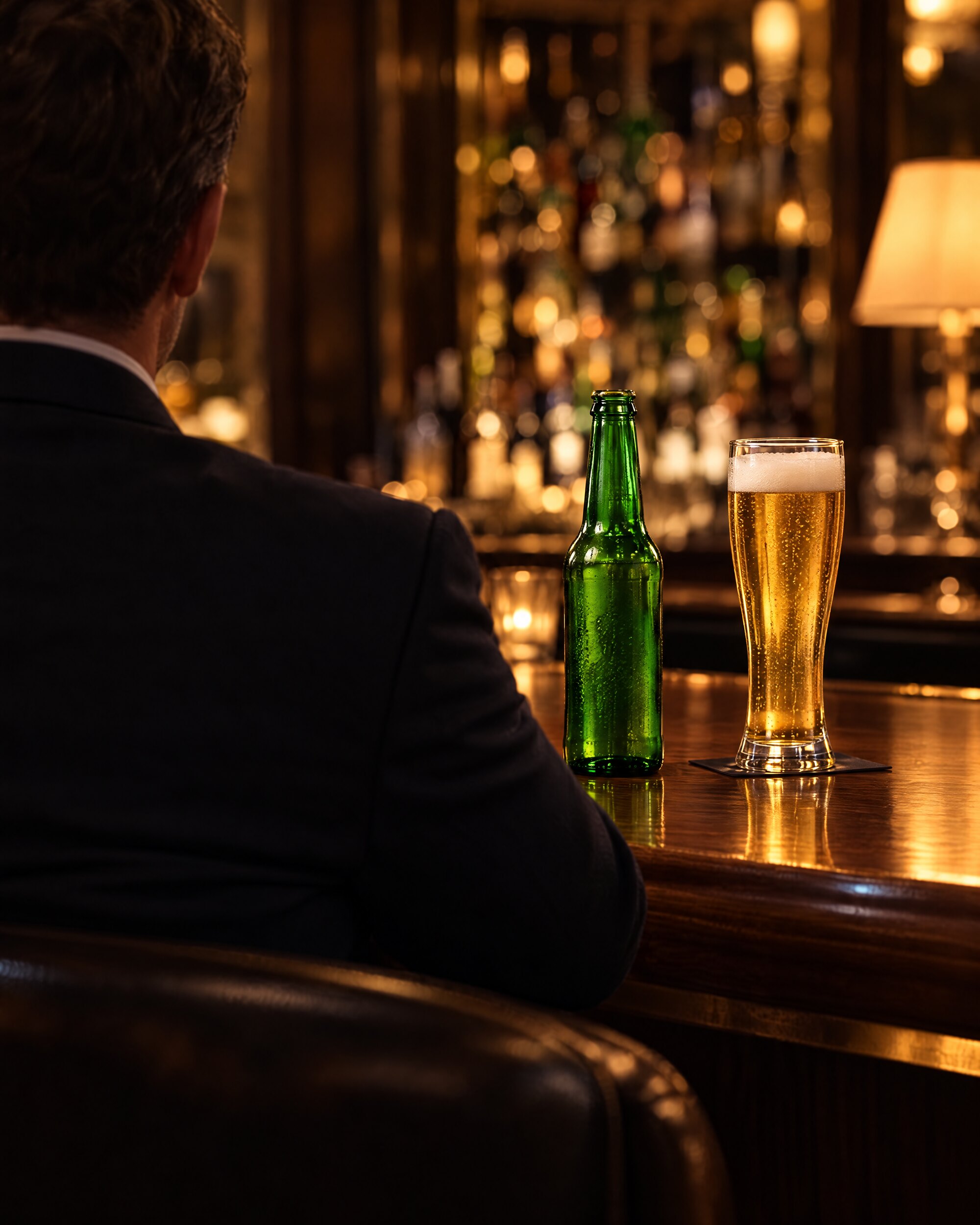 Man in a dinner jacket at a quiet bar with a chilled bottle of beer and a glass
