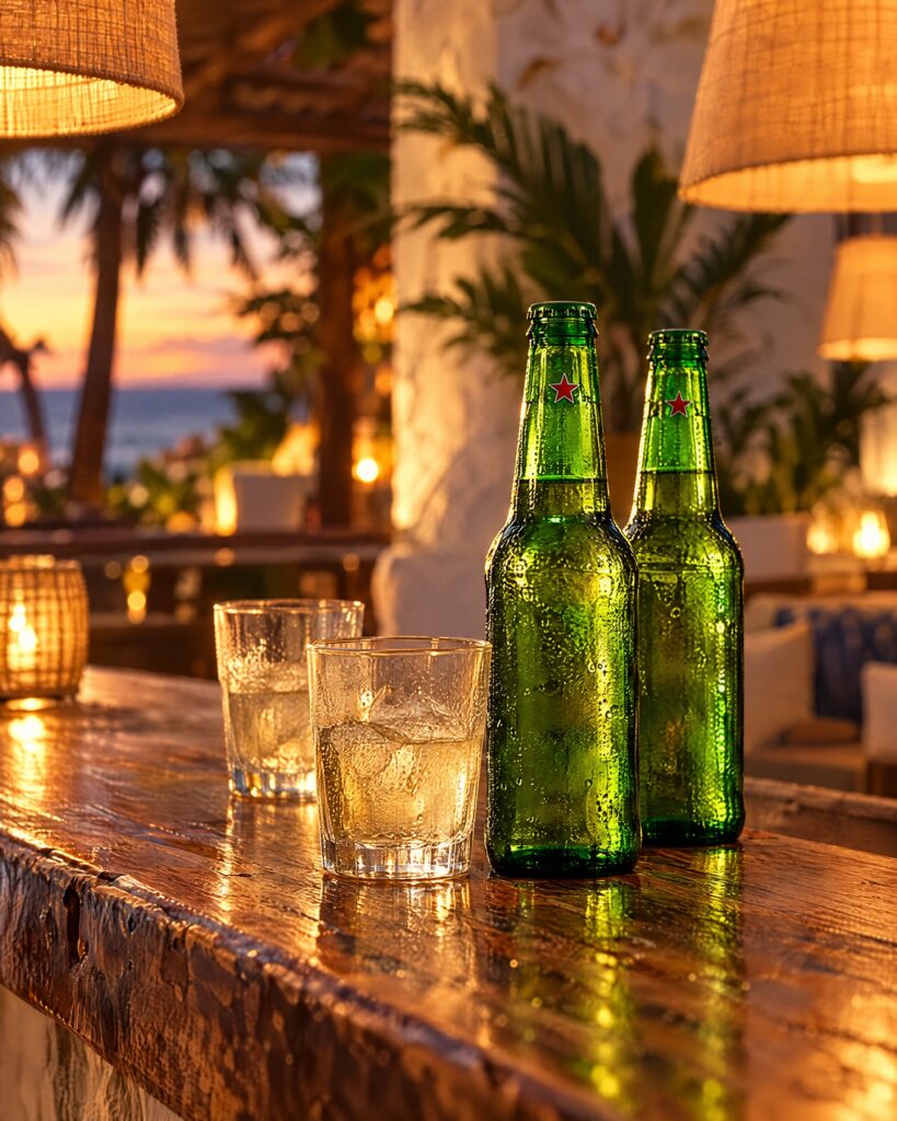Two green beer bottles on a wooden bar at dusk in a warm Jamaican-style club