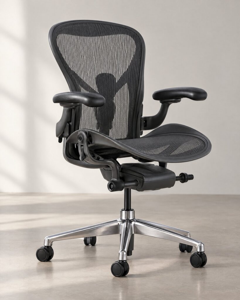 Herman Miller Aeron chair with graphite frame and polished aluminium base, three-quarter view