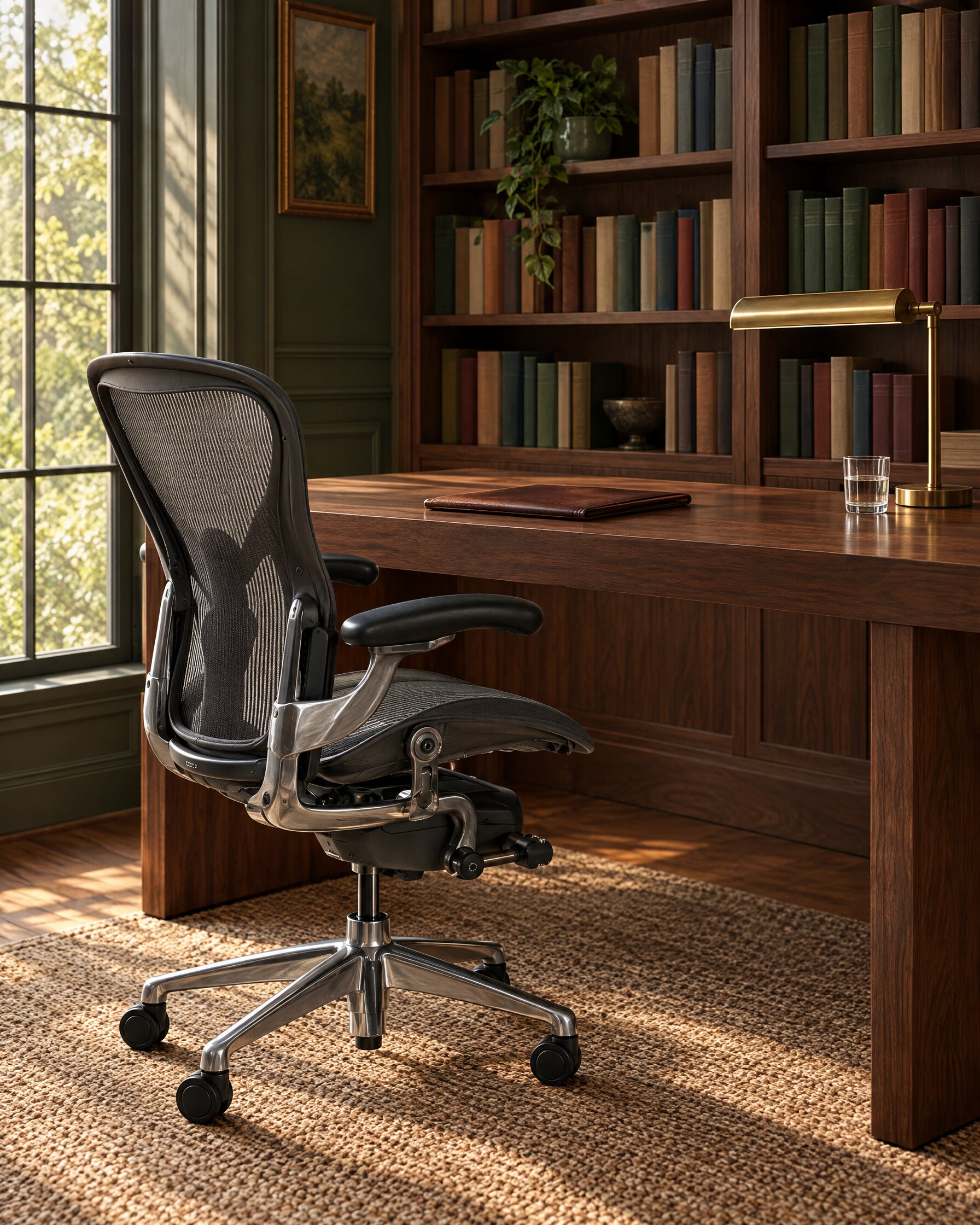 Aeron office chair at a walnut desk in a quiet book-lined study