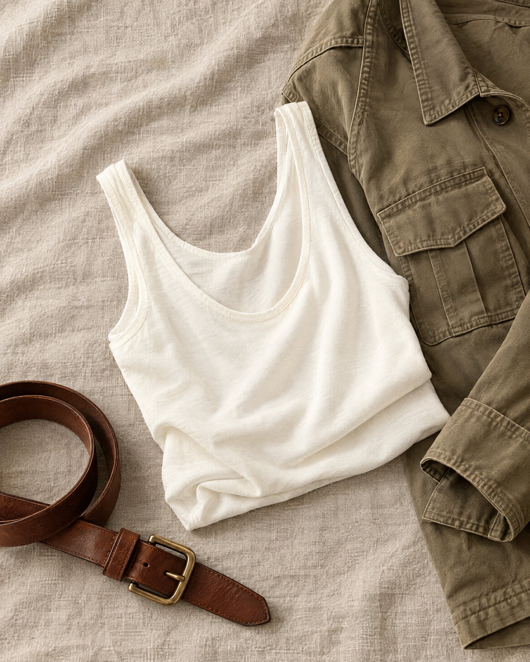 Plain white silk vest top flat lay with a khaki jacket