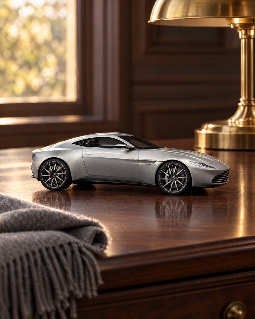 Silver 1:18 Aston Martin DB10 die-cast model on a walnut desk beside a brass lamp and a cashmere scarf