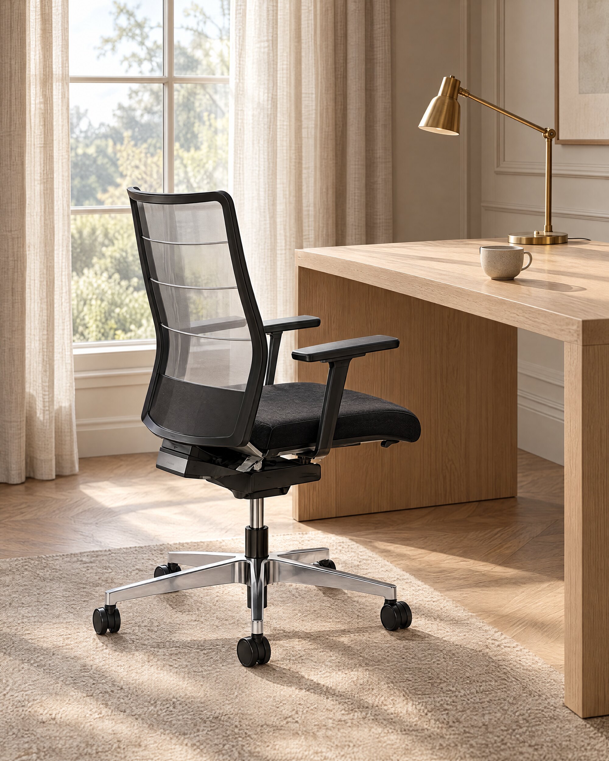 AirPad 3C42 membrane-back swivel chair drawn up to an oak desk in a quiet home study