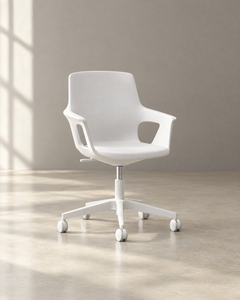 Interstuhl MOVYis3 chair in white, a conference swivel chair with seamless moulded shell and white star base