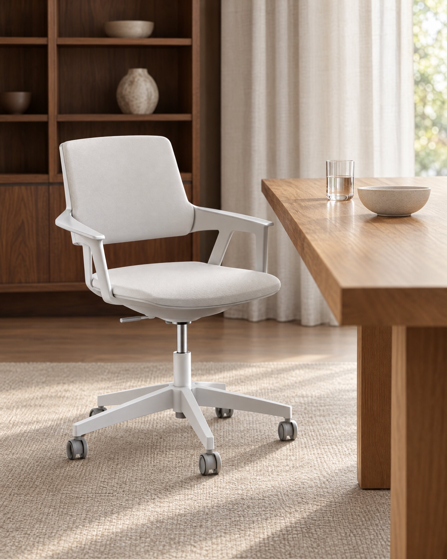 White moulded conference chair at an oak table in a quiet study, in the spirit of the chair in Spectre