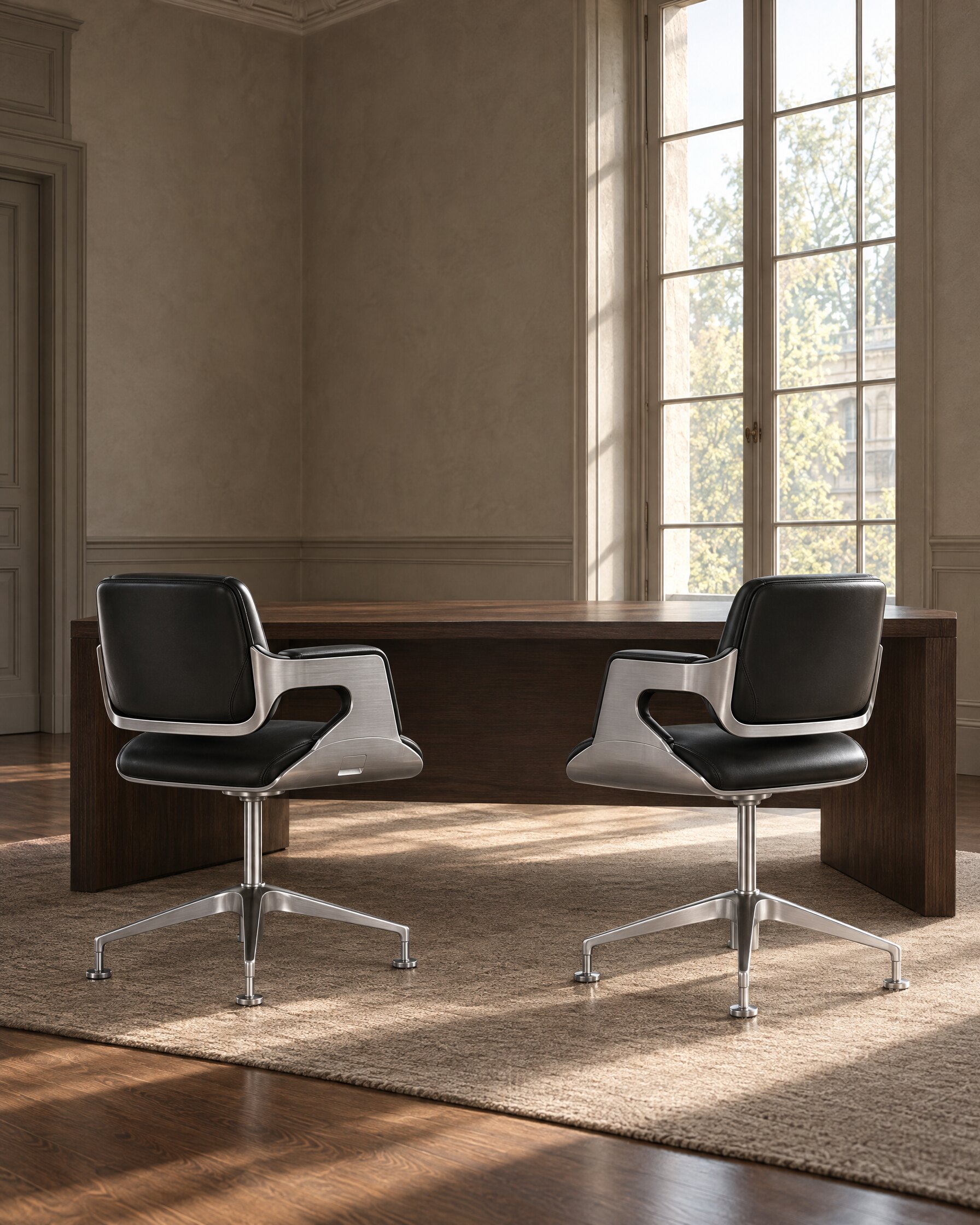 Two Interstuhl Silver Chair 101S conference chairs in black leather facing a dark oak desk in a quiet study