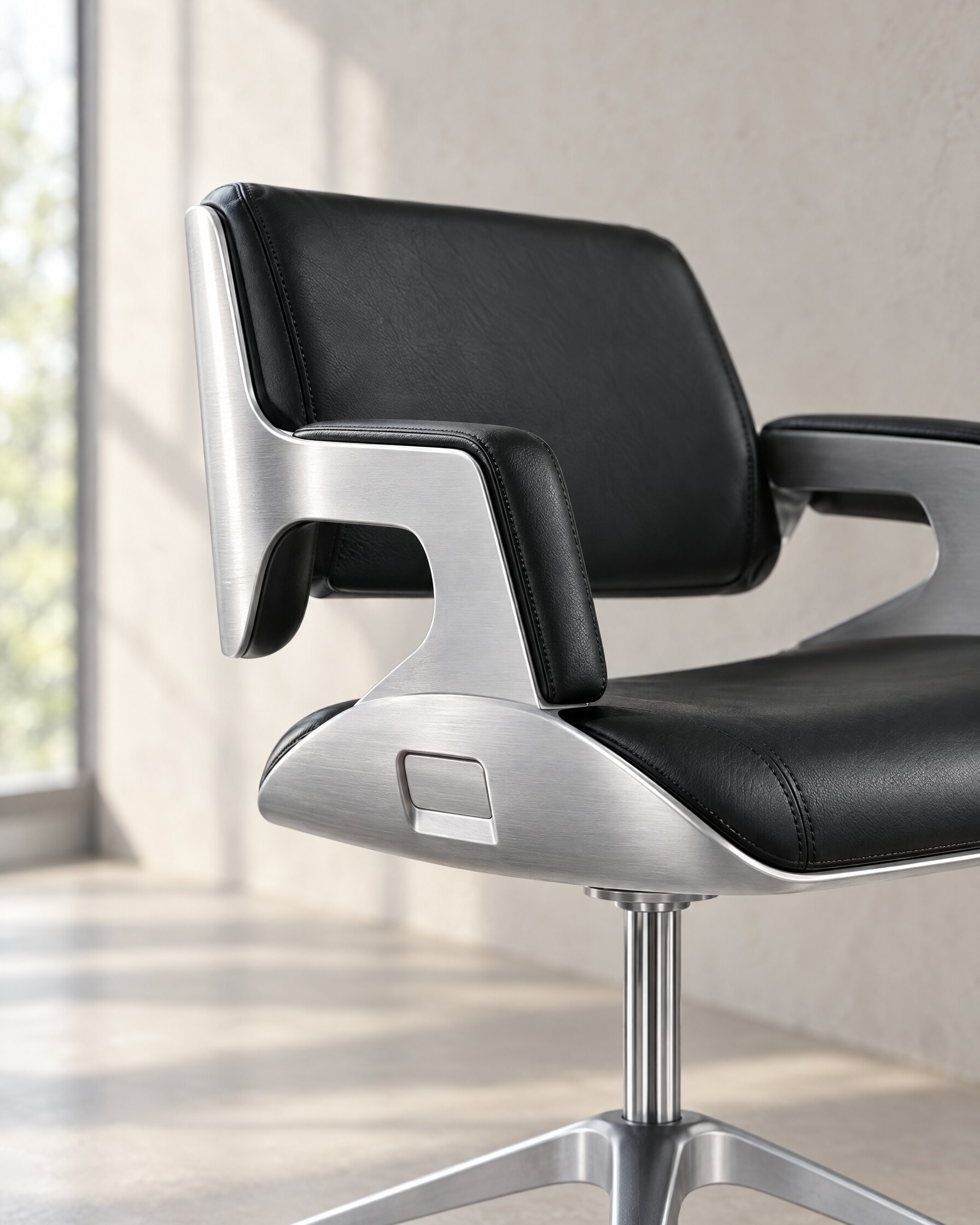 Detail of the brushed silver frame and black leather backrest of a conference chair with armrests