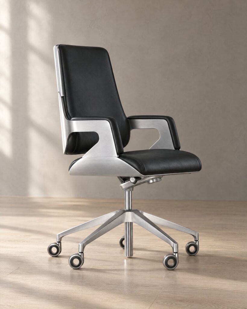 Interstuhl Silver Chair 262S in black leather with brushed aluminium base and armrests, on an oak floor