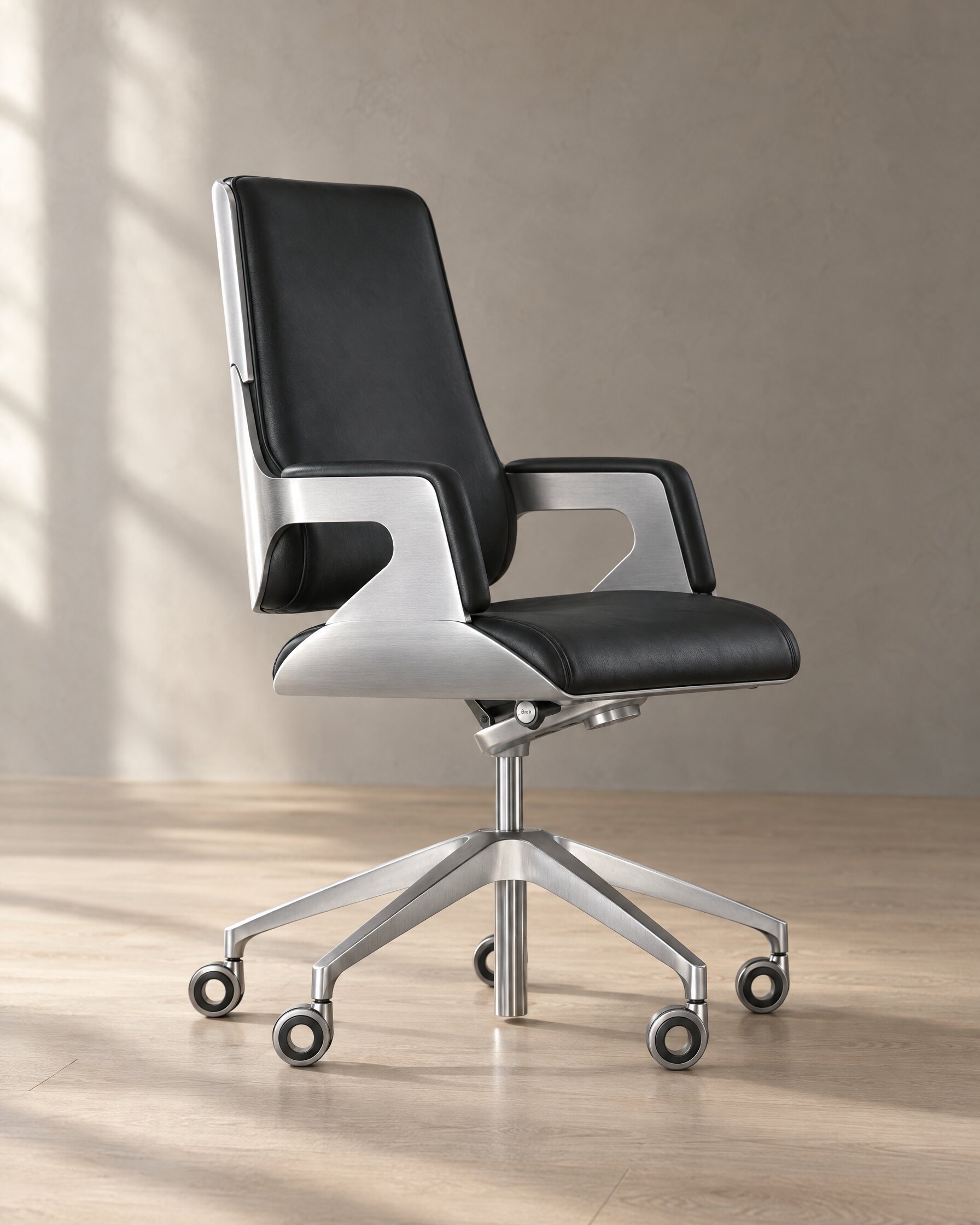 Interstuhl Silver Chair 262S in black leather with brushed aluminium base and armrests, on an oak floor