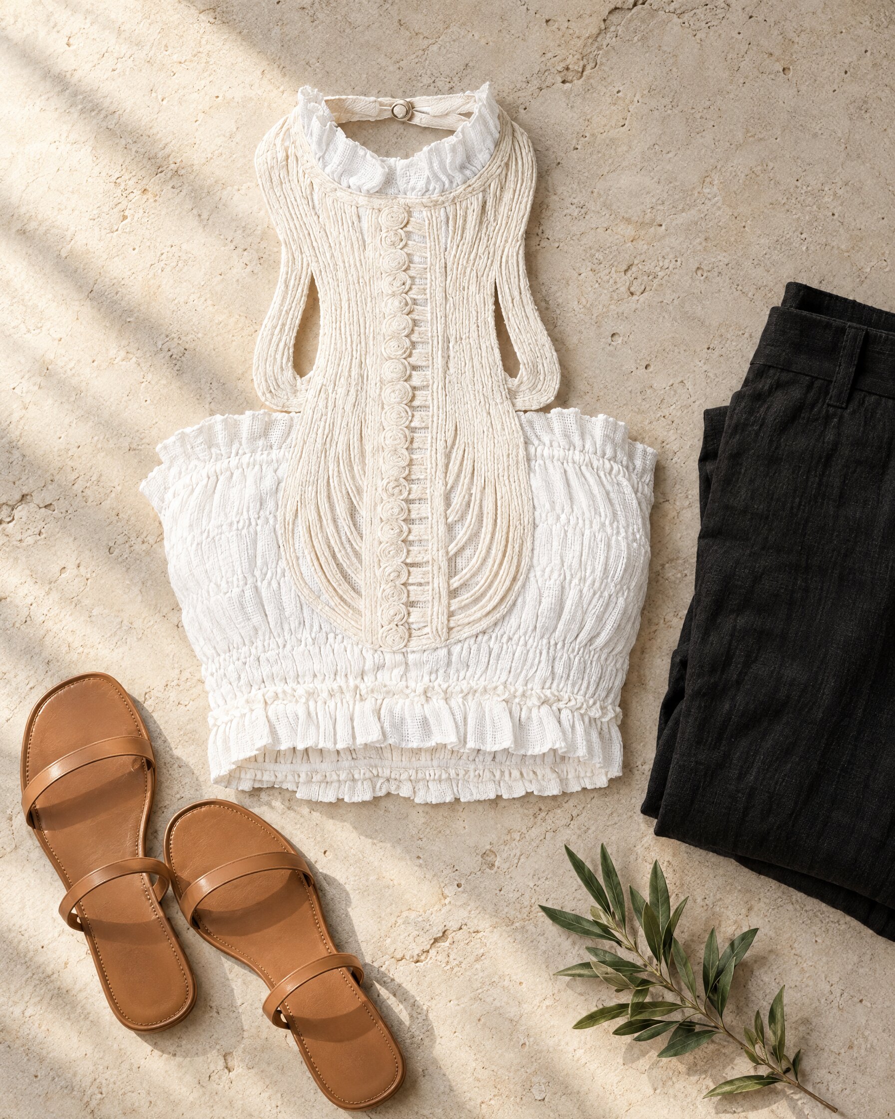 Isabel Marant Gytha halter neck top in white linen blend laid flat with leather sandals and black trousers
