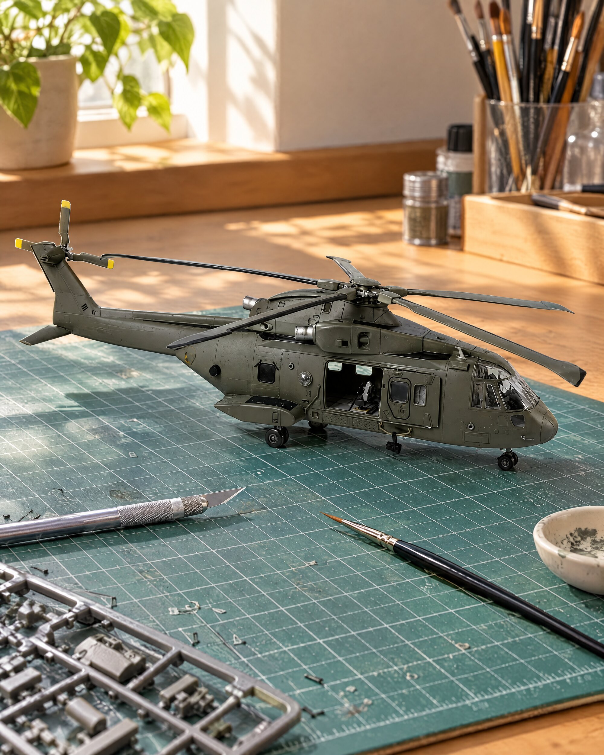 Scale helicopter model under construction on a modeller's desk