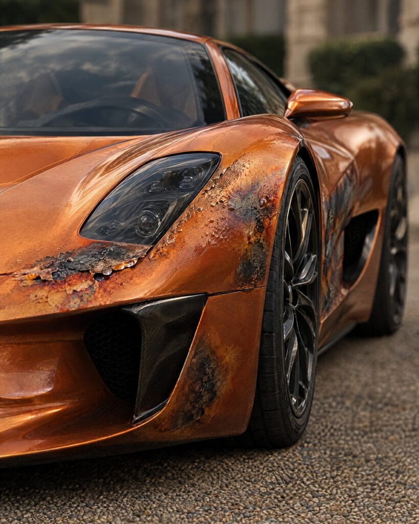 Scorched orange bodywork on the front of a Jaguar C-X75 stunt car