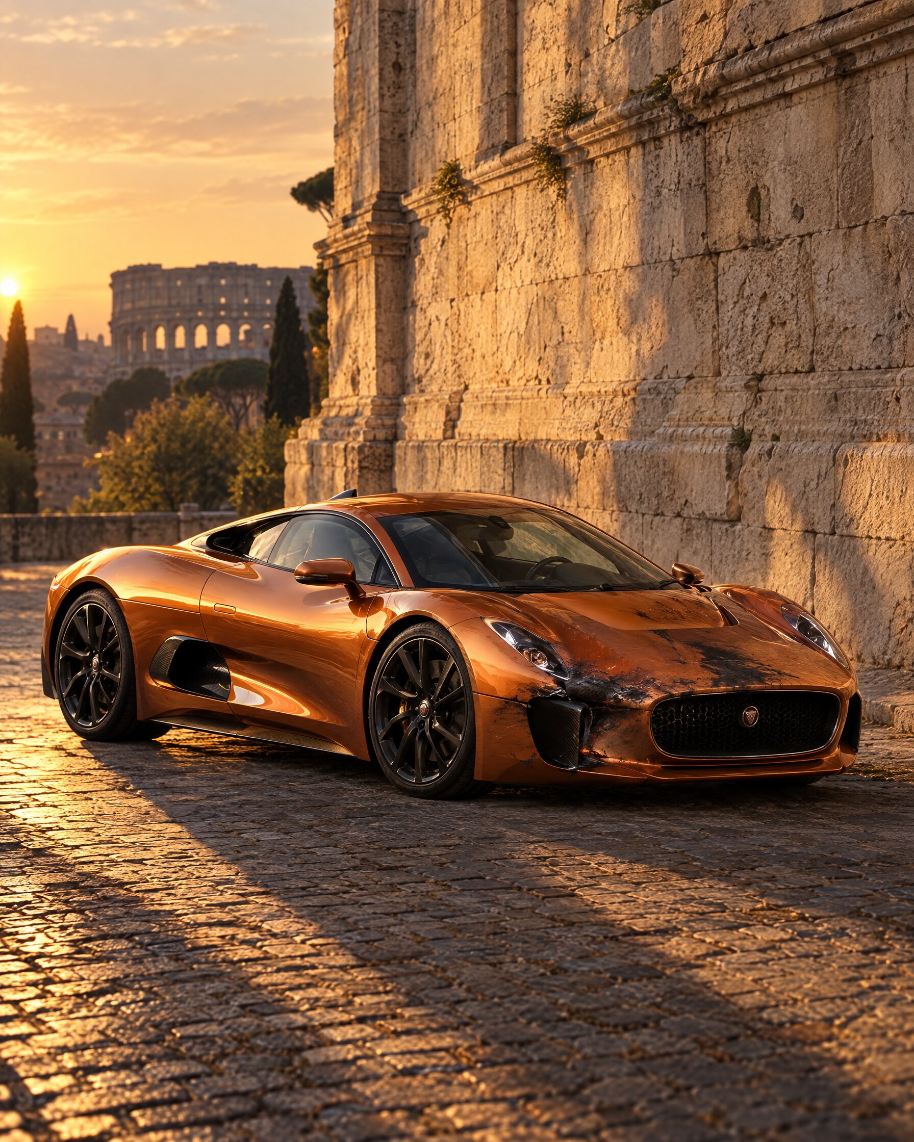 Jaguar C-X75 Spectre car in orange on cobbles beside a stone wall at dusk