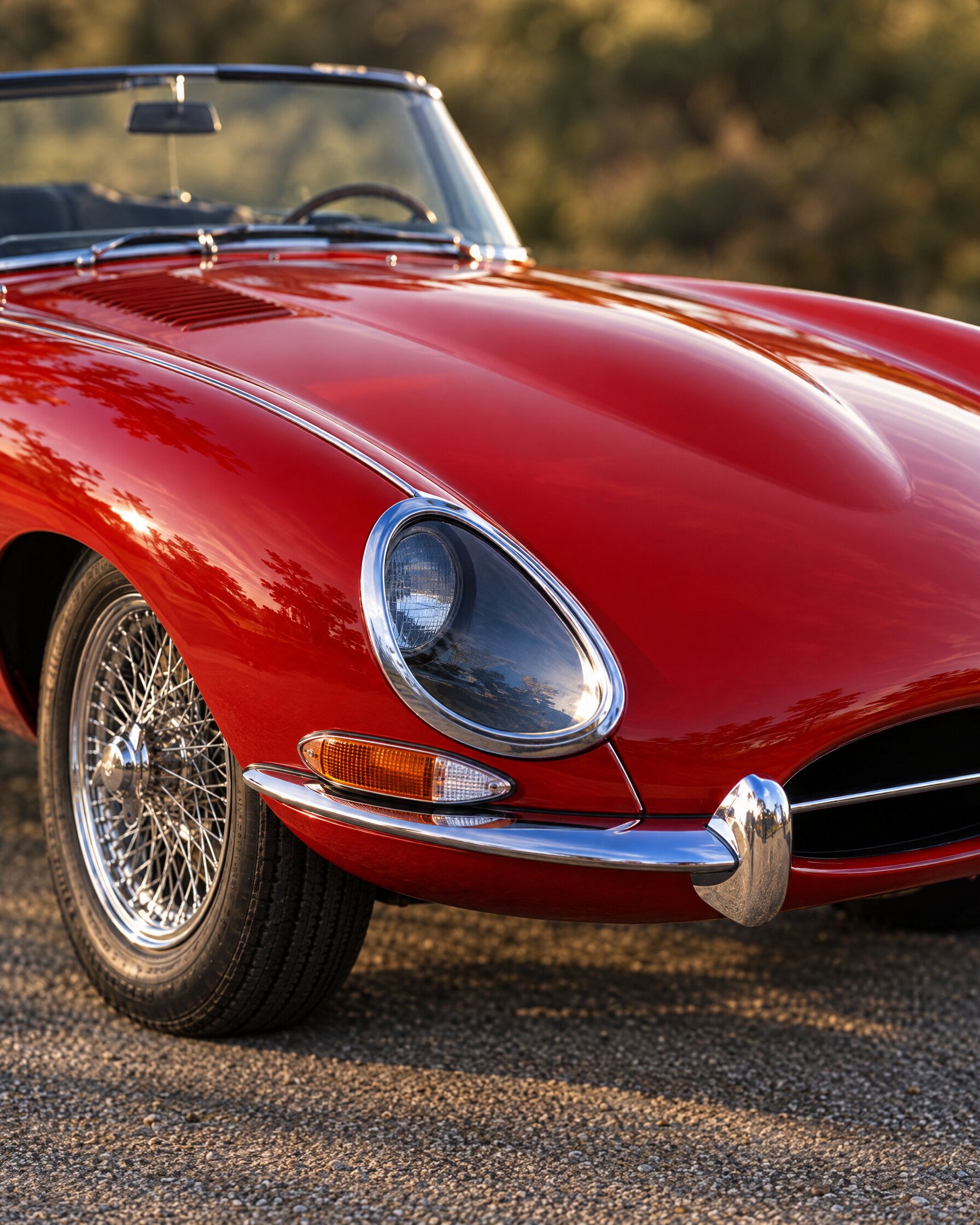 Detail of the long bonnet and wing of a red Jaguar E-Type