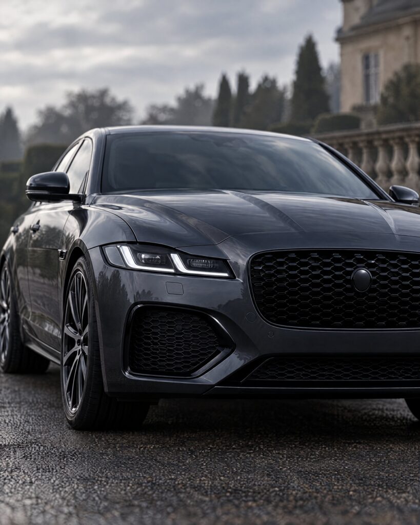Close detail of the headlight and grille of a dark grey Jaguar XF saloon in soft morning light