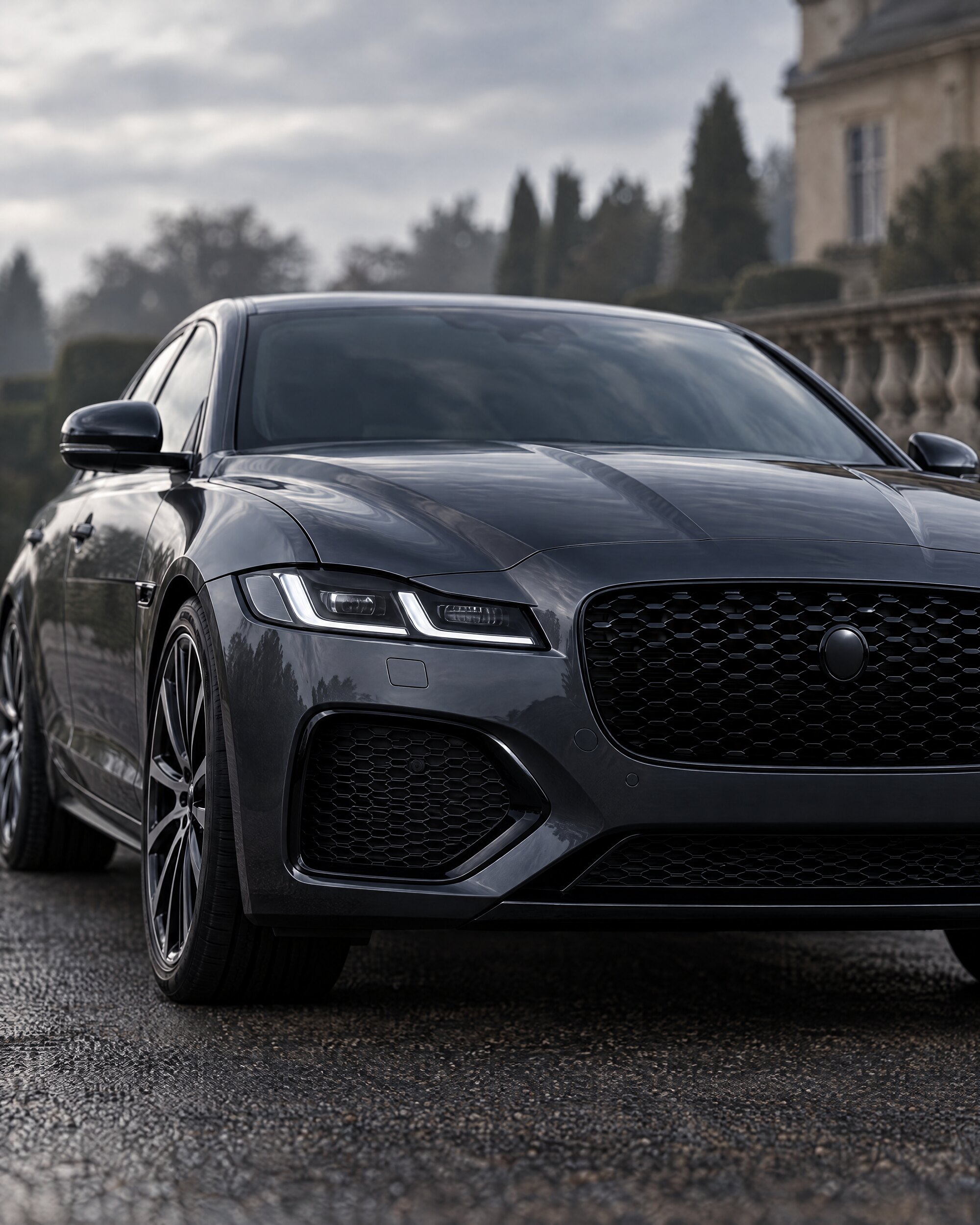 Close detail of the headlight and grille of a dark grey Jaguar XF saloon in soft morning light