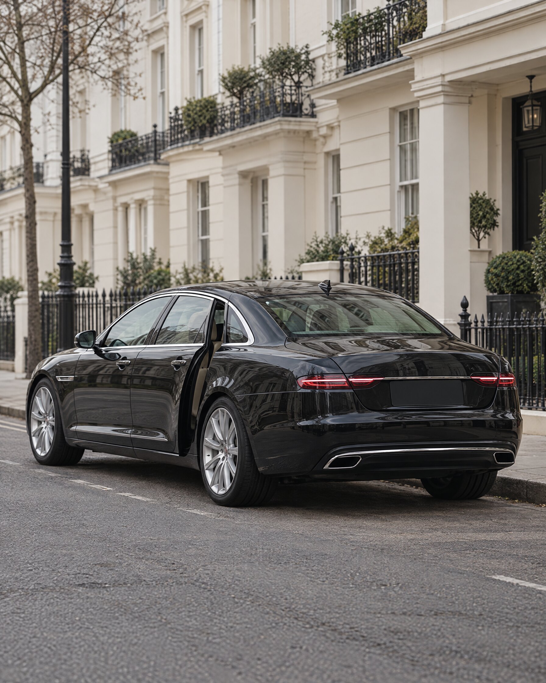 Black long-wheelbase Jaguar XJ L style saloon on a London street