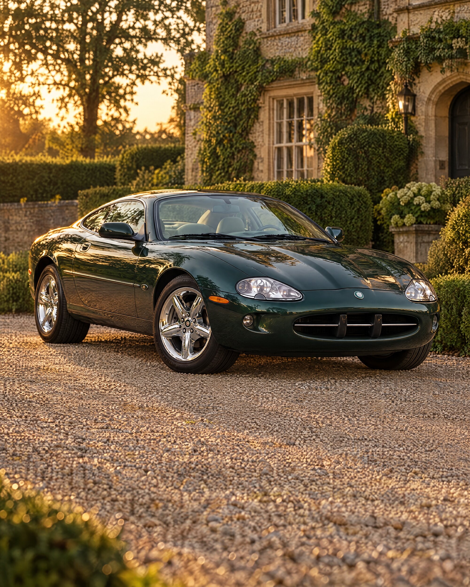 Jaguar XK8 coupé parked on a gravel drive at golden hour