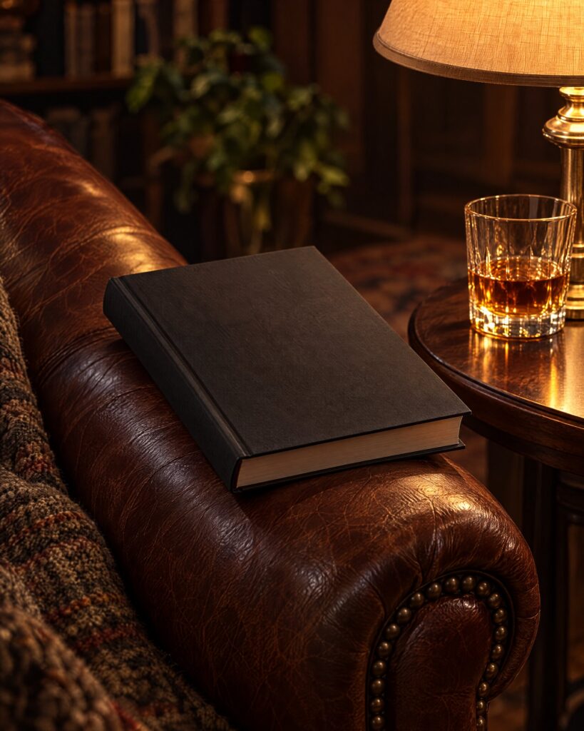 Plain-covered paperback on a leather armchair beside a lamp