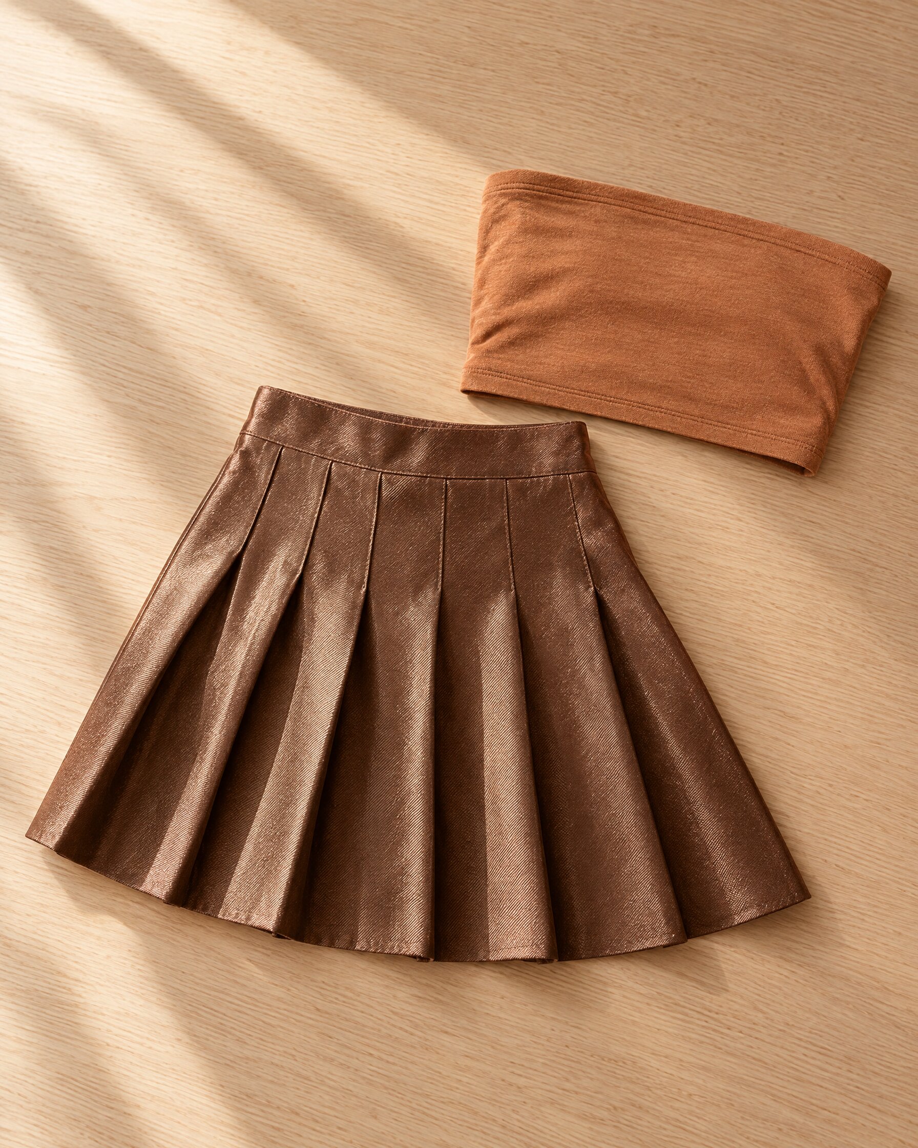 Bronze silk twill pleated mini skirt and ginger jersey bandeau laid flat on an oak table