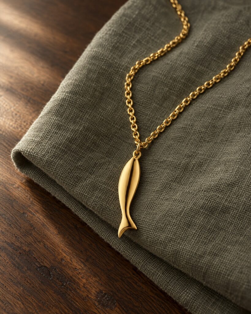 Large gold chain with fish pendant on grey-green linen, in the spirit of the Jasper Conran fish necklace