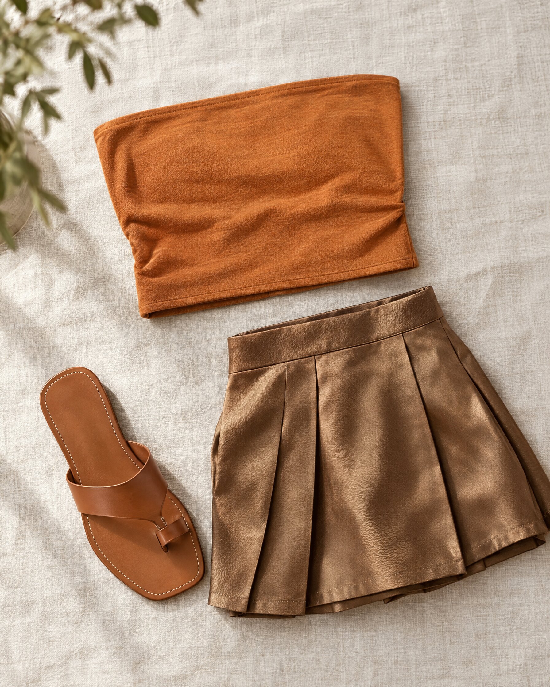 Ginger jersey bandeau top and bronze pleated skirt laid flat on linen