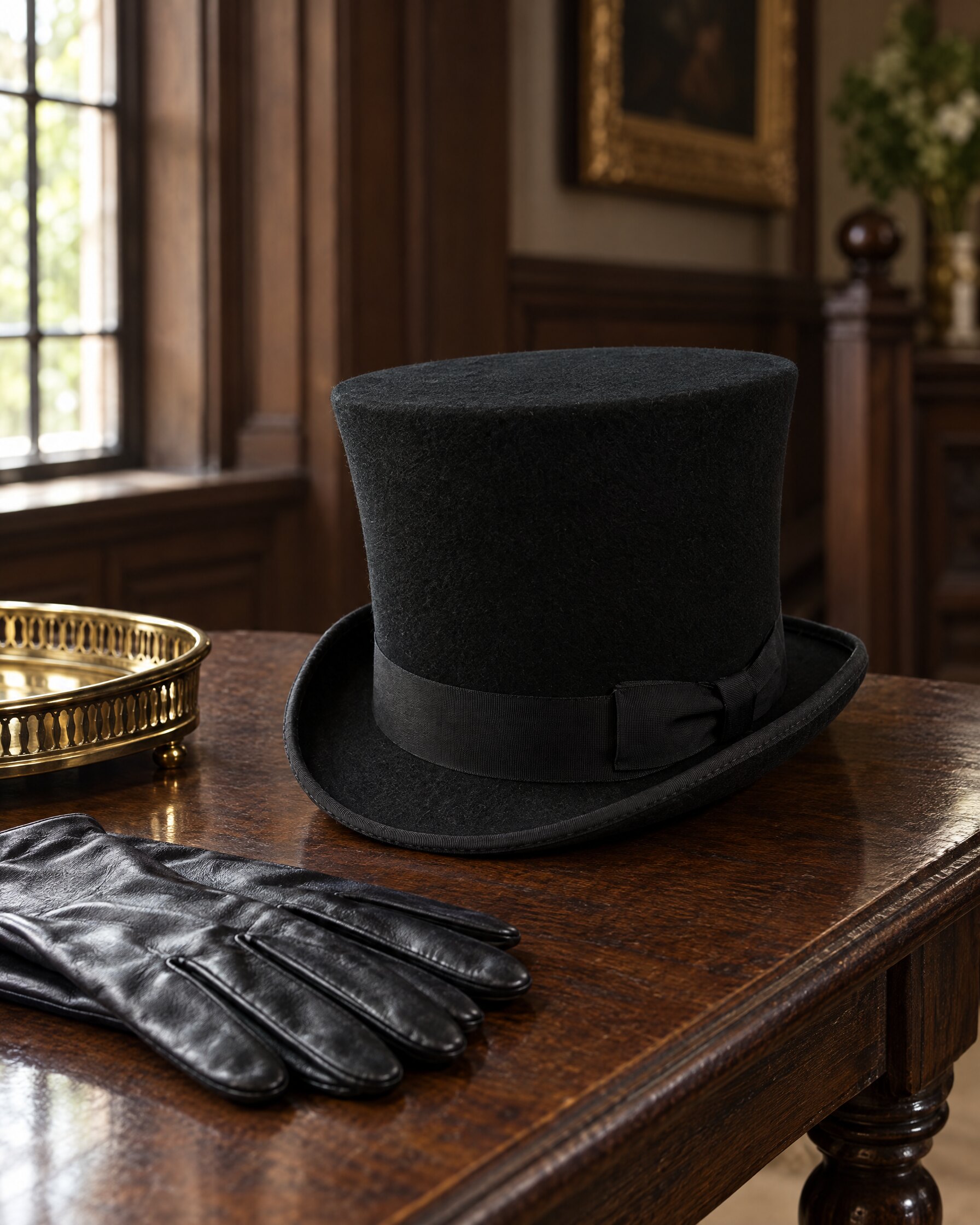 Black wool Spectre top hat, the Jaxon & James Victorian, on a dark oak hall table beside black leather gloves
