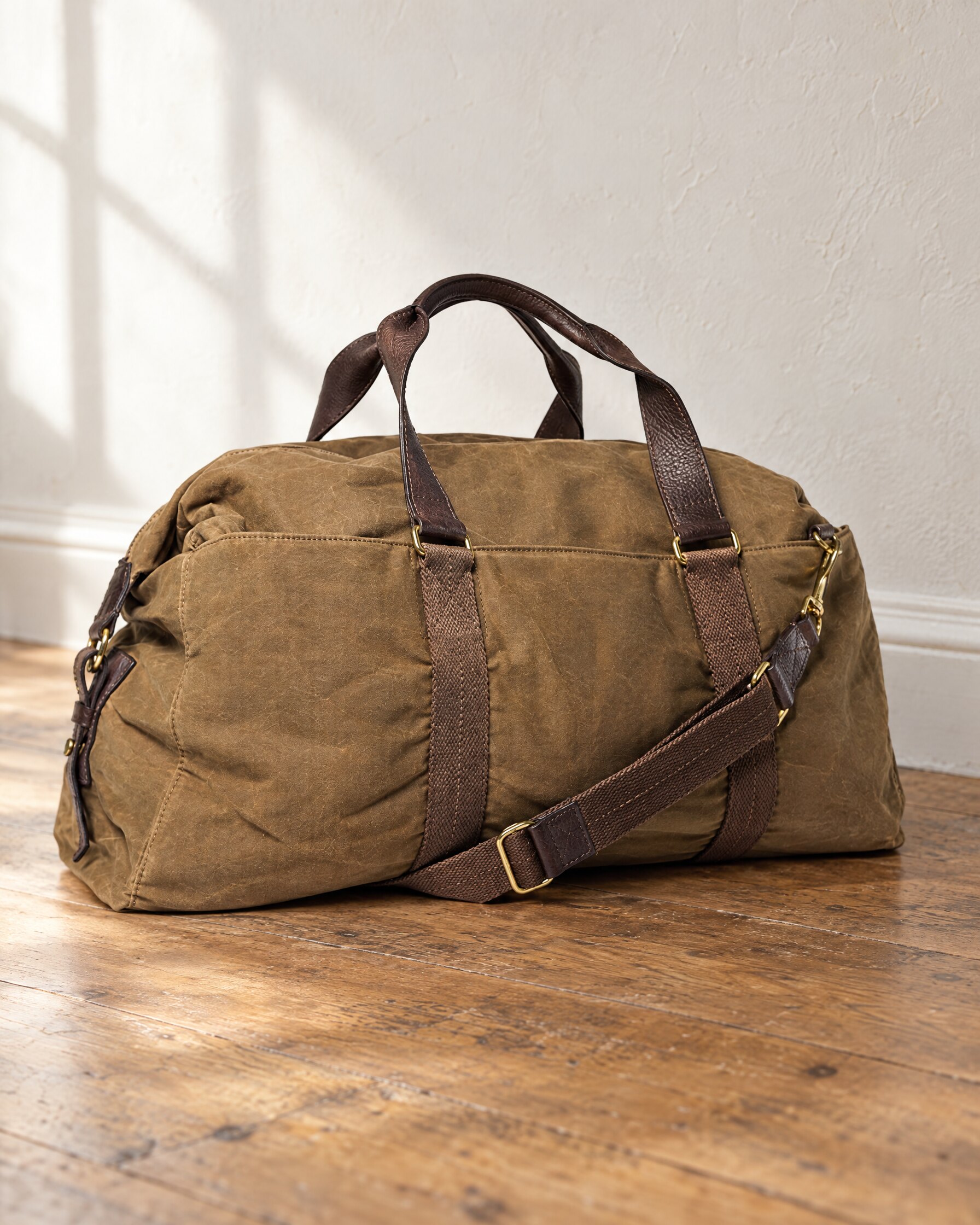 J.Crew Abingdon Weekender bag in khaki waxed canvas with burnished leather trim and brass-finish hardware