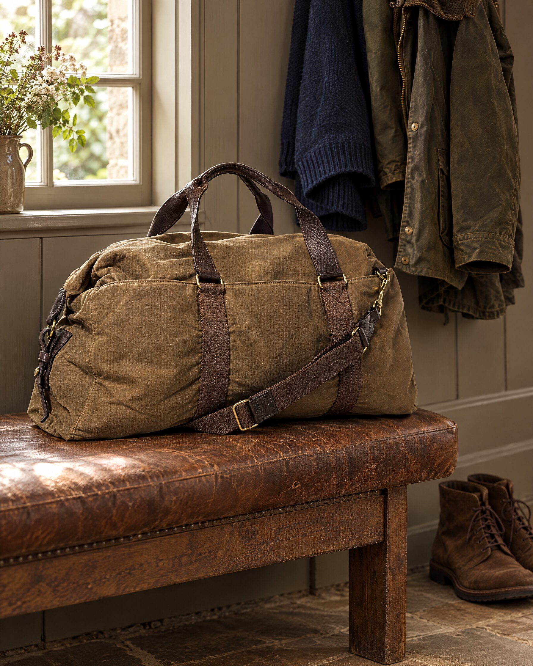 Khaki waxed canvas weekender bag on a leather bench in a country house boot room beside a navy jumper and field jacket
