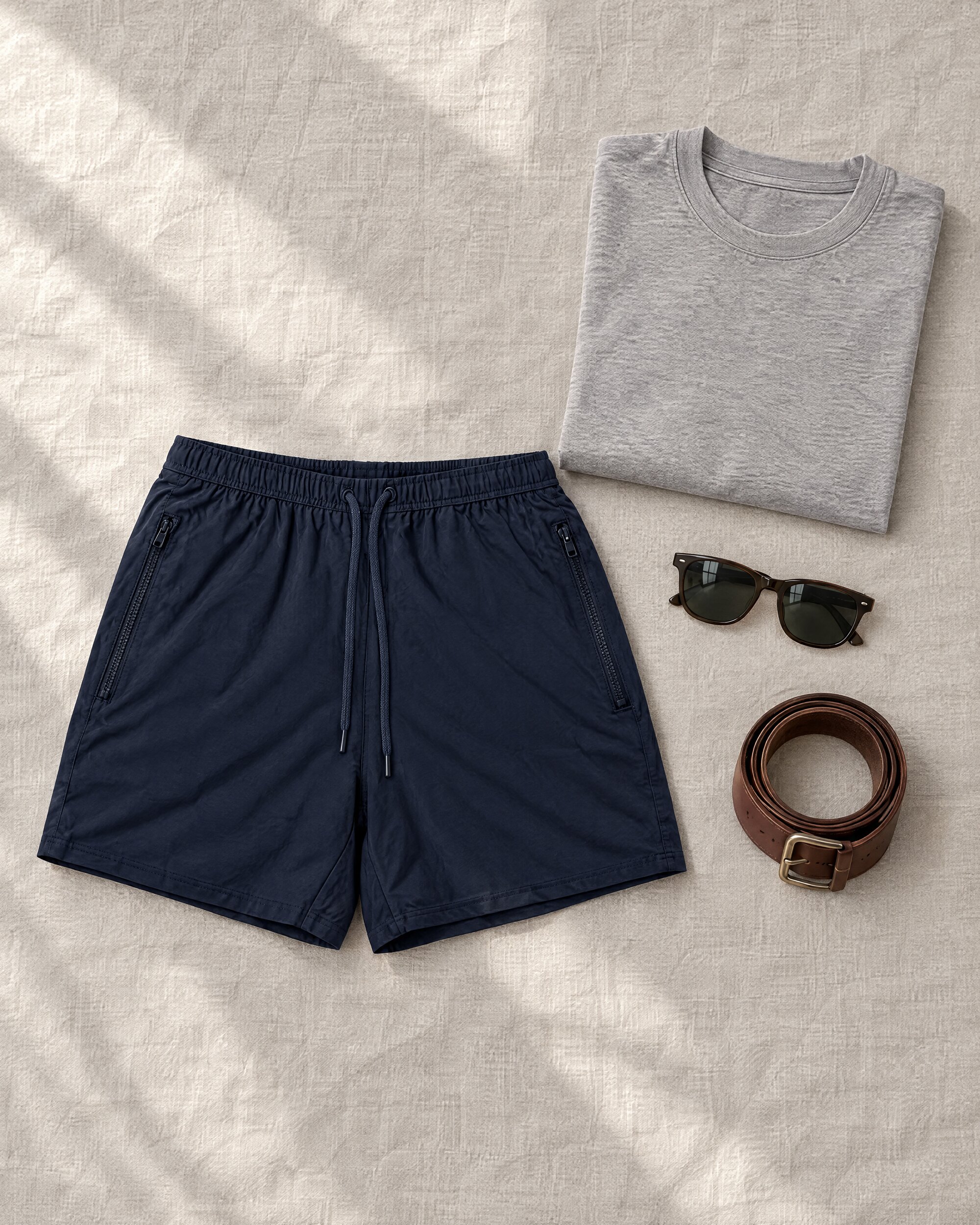 Jed North Agile shorts in navy blue laid flat beside a grey T-shirt on pale linen